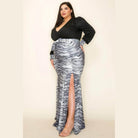 Venecia Solid/Zebra V Neck Long Sleeve Belted Maxi Dress - VacationGrabs