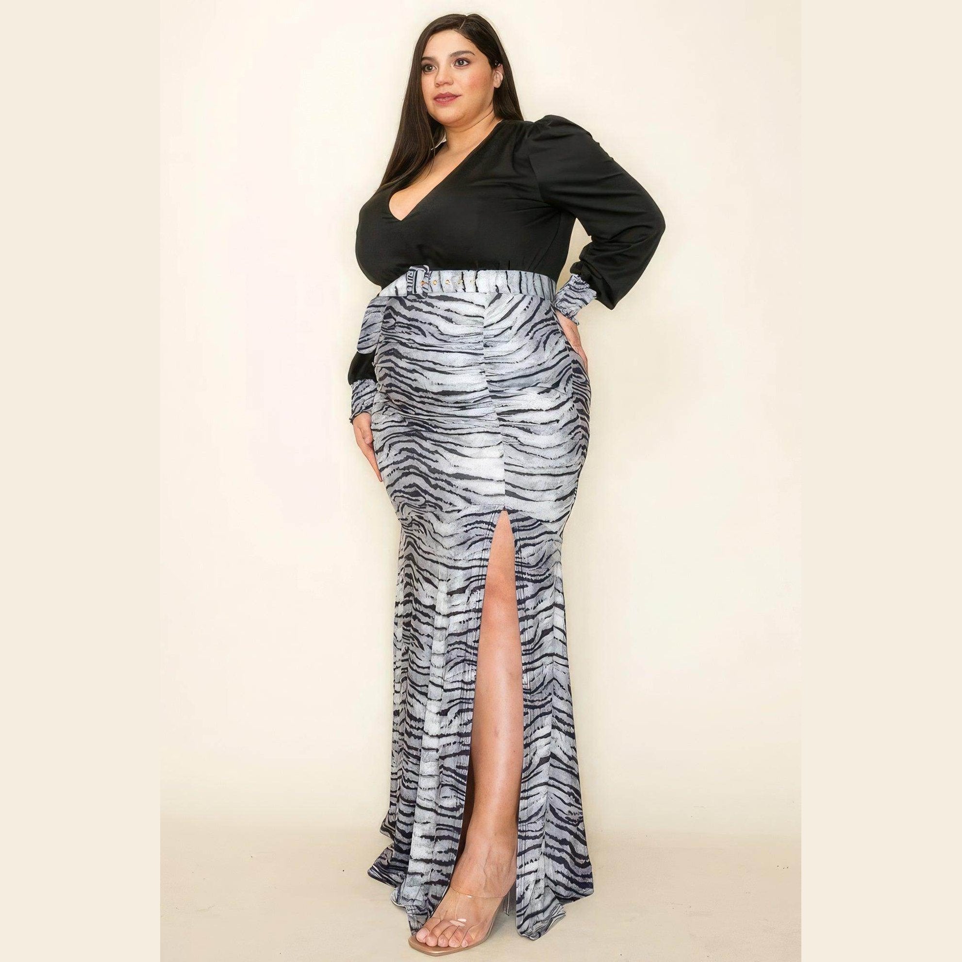 Venecia Solid/Zebra V Neck Long Sleeve Belted Maxi Dress - VacationGrabs