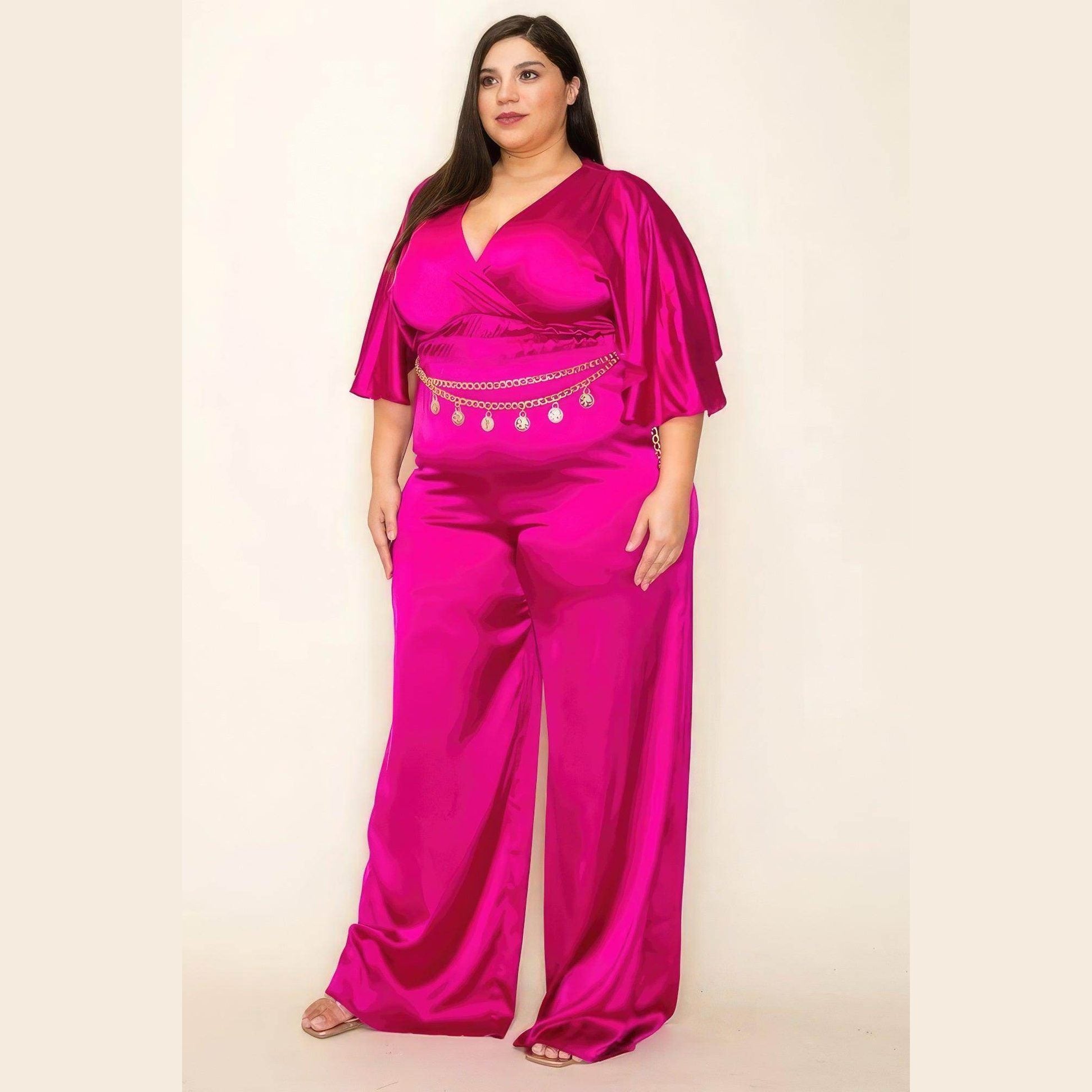 Satin Wrap Front Short Sleeve Smocked Waist Jumpsuit - VacationGrabs