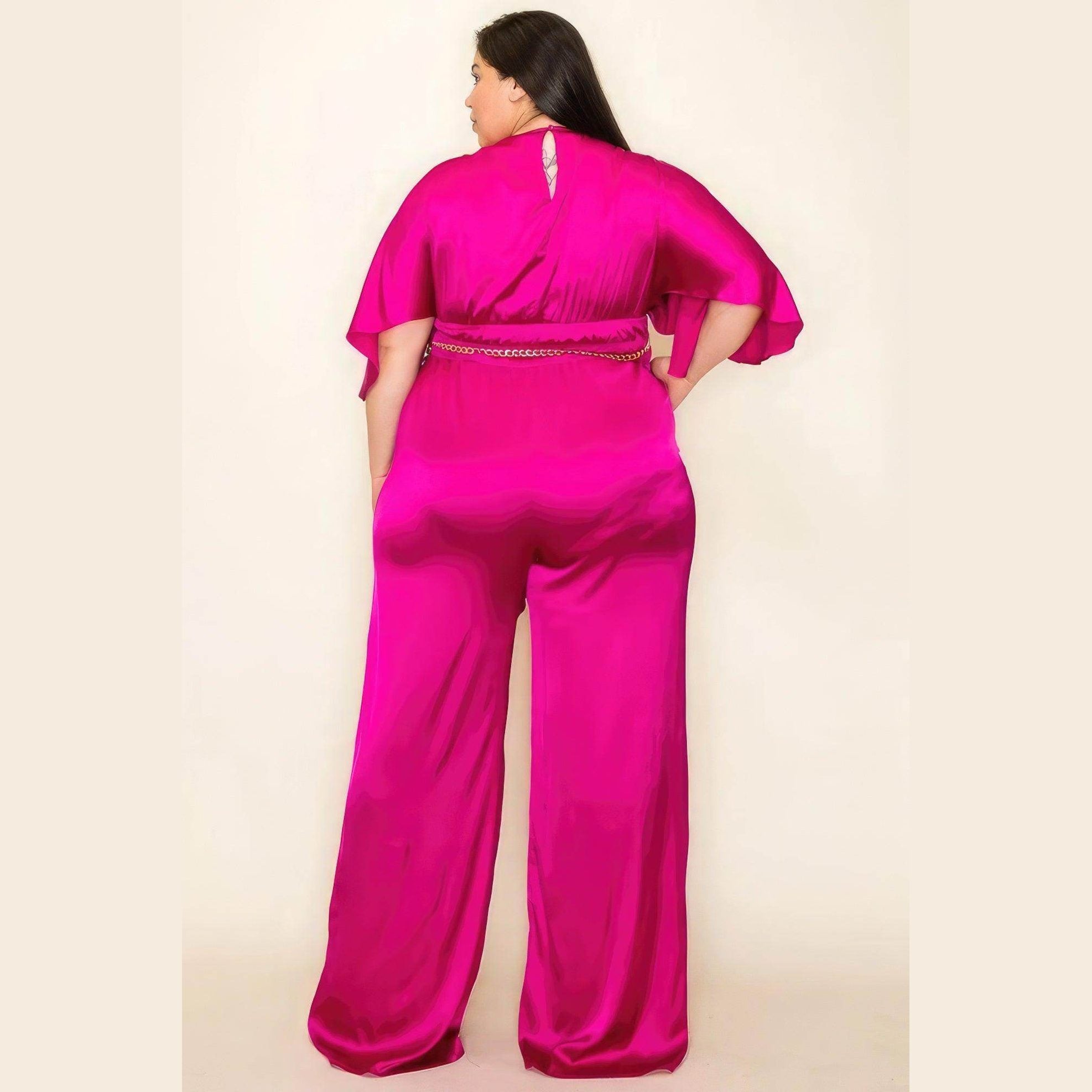 Satin Wrap Front Short Sleeve Smocked Waist Jumpsuit - VacationGrabs