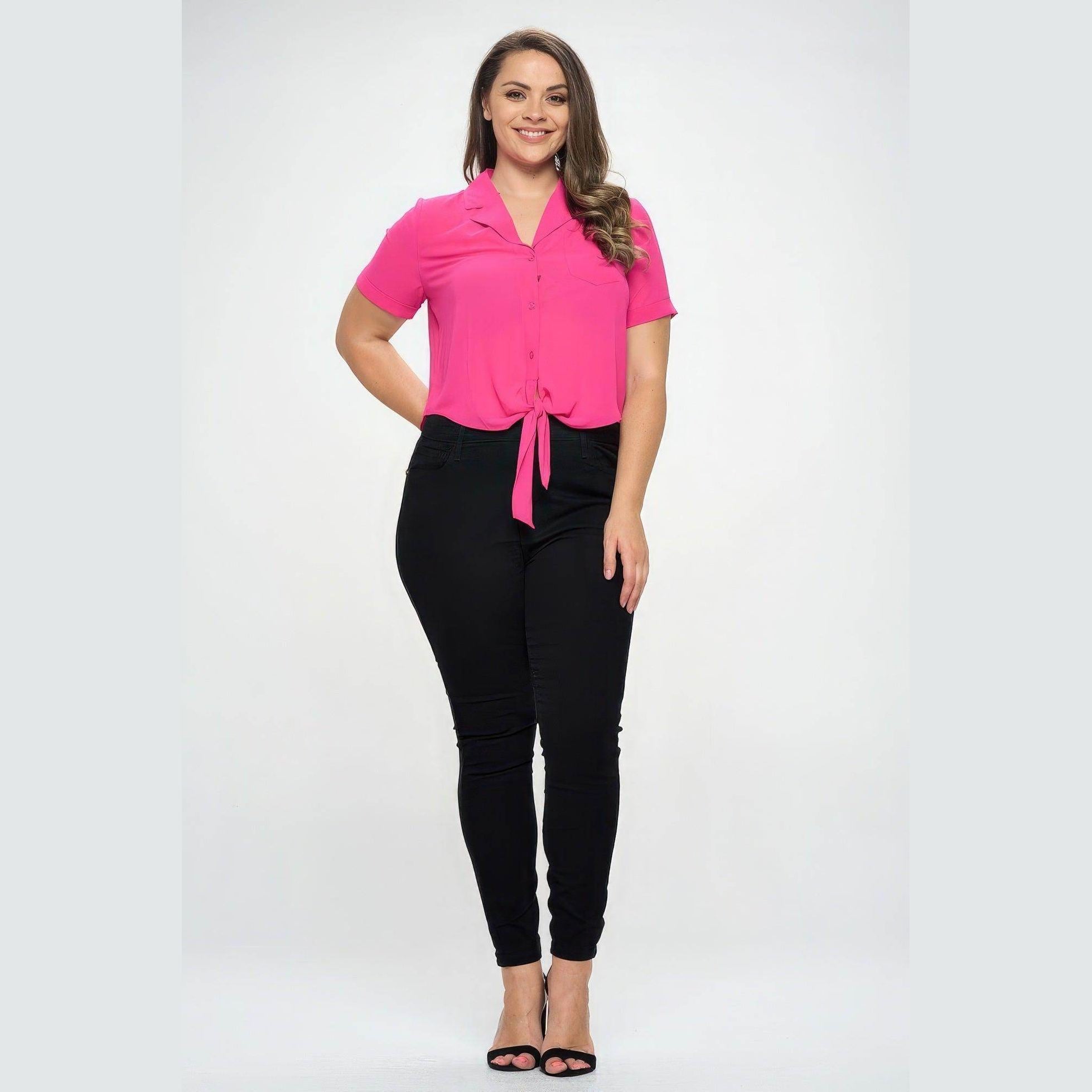 Plus Solid Chiffon Button Down Tie Front Short Sleeve Top - VacationGrabs