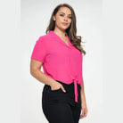 Plus Solid Chiffon Button Down Tie Front Short Sleeve Top - VacationGrabs