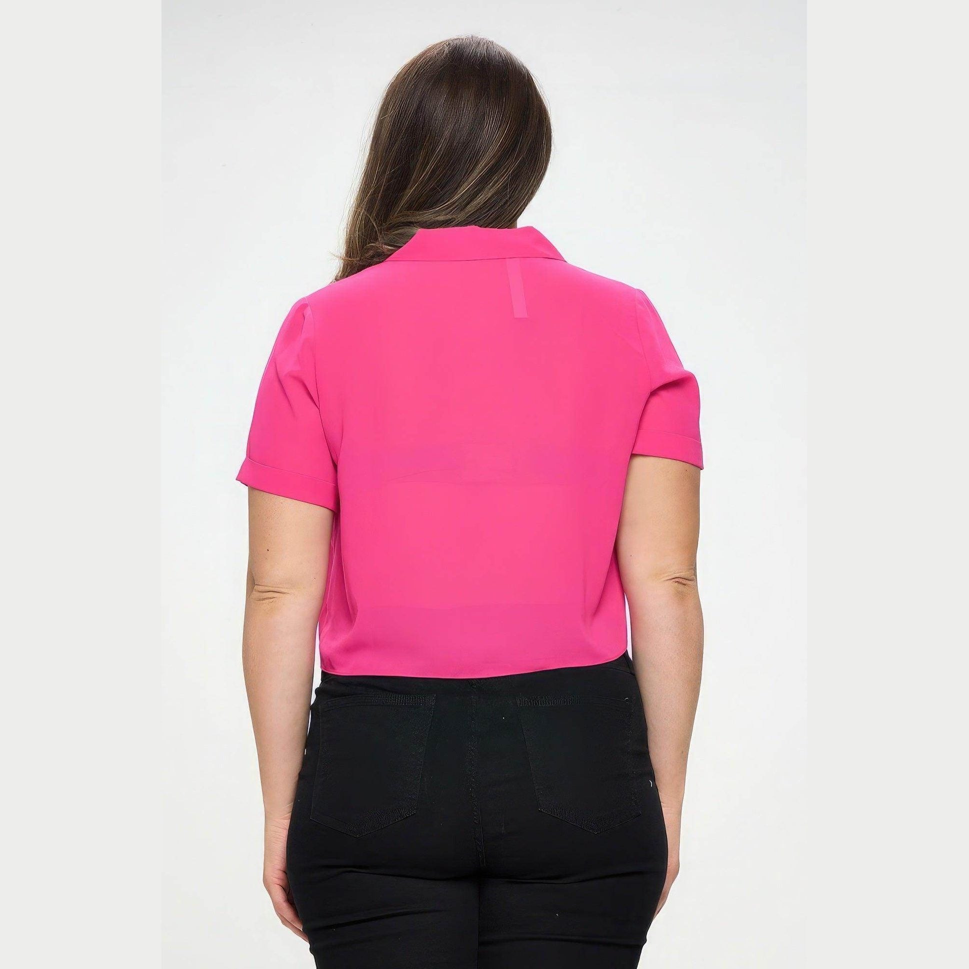 Plus Solid Chiffon Button Down Tie Front Short Sleeve Top - VacationGrabs