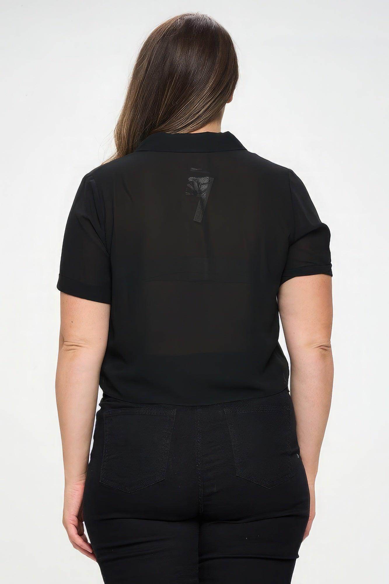 Plus Solid Chiffon Button Down Tie Front Short Sleeve Top - VacationGrabs