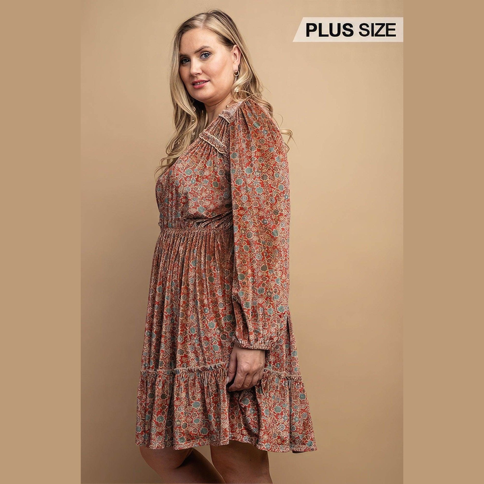 Printed Velvet V-neck Dress With Button Front Detail - VacationGrabs