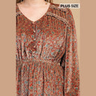 Printed Velvet V-neck Dress With Button Front Detail - VacationGrabs