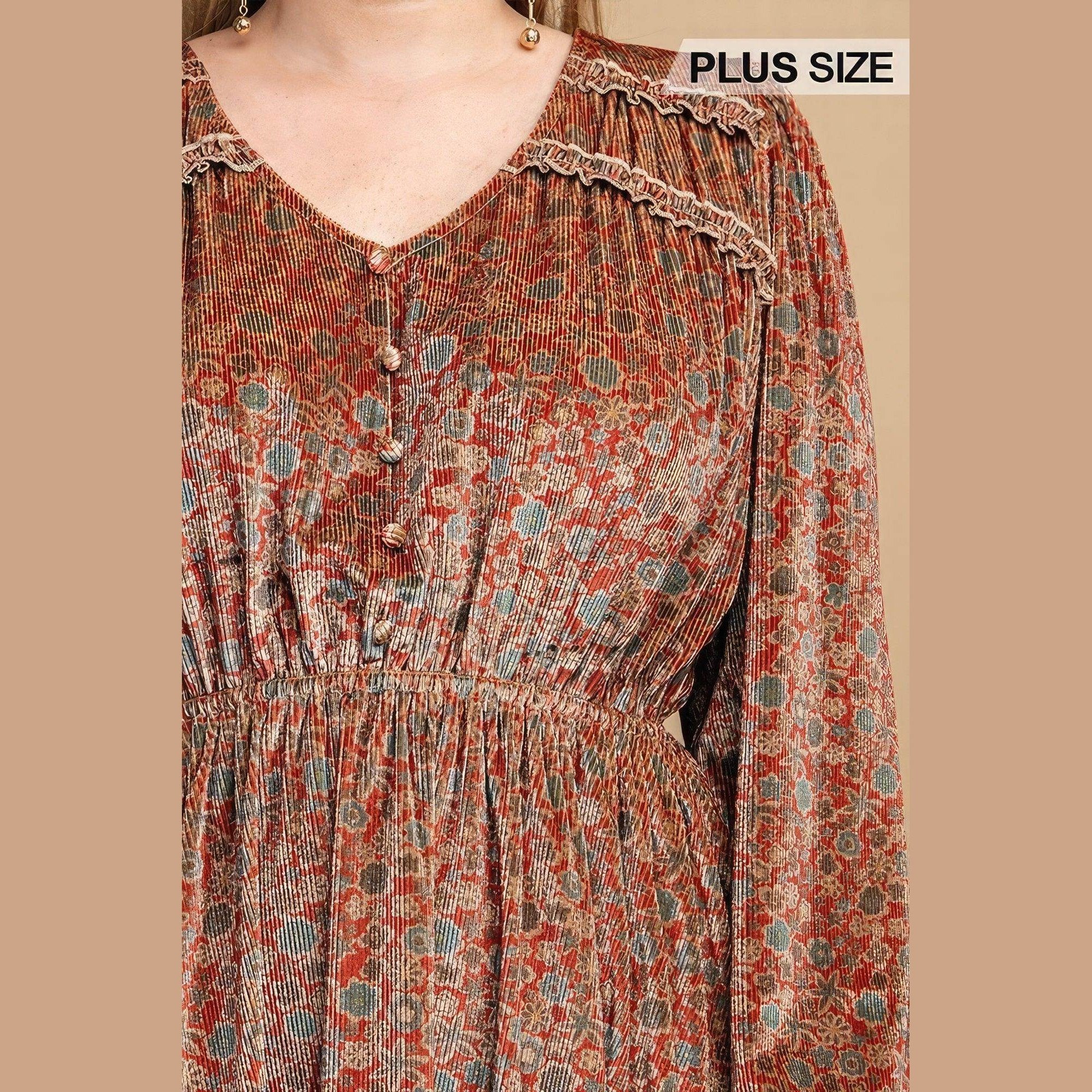 Printed Velvet V-neck Dress With Button Front Detail - VacationGrabs