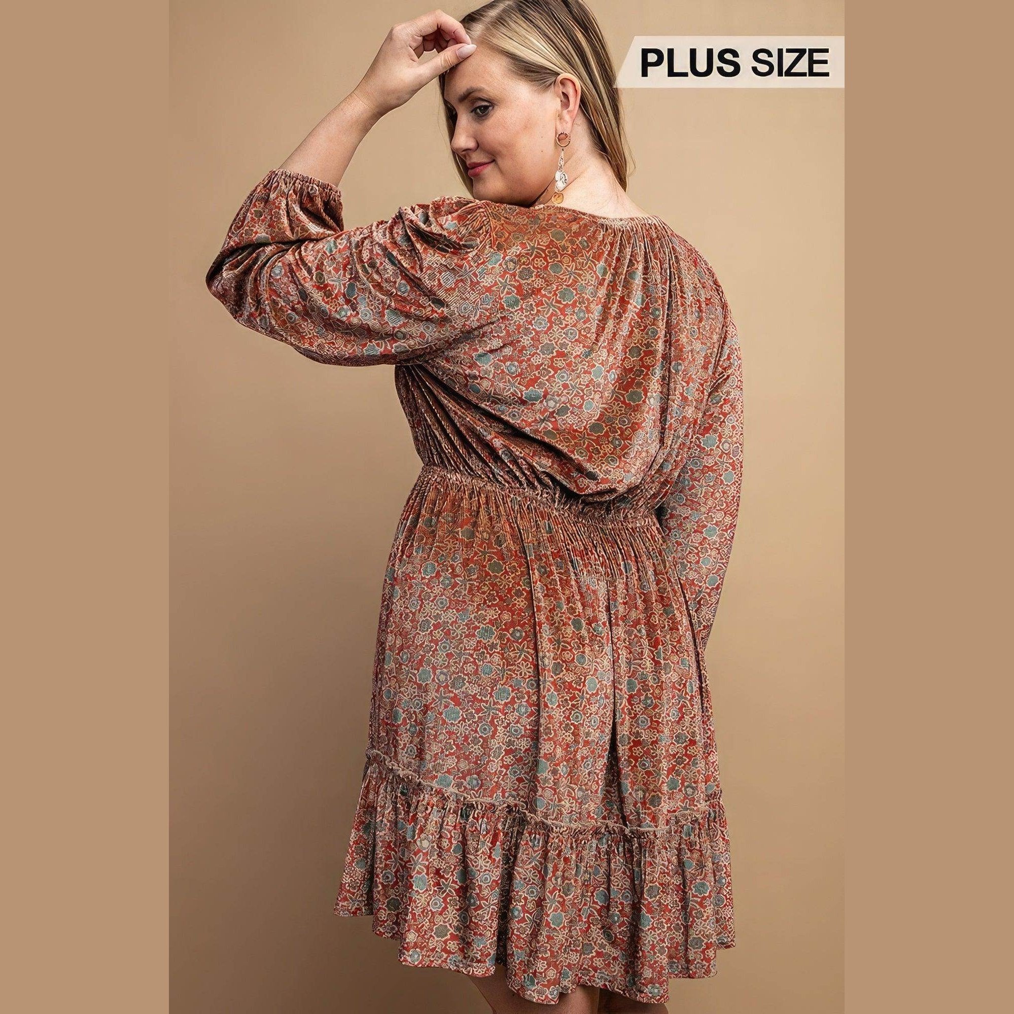 Printed Velvet V-neck Dress With Button Front Detail - VacationGrabs