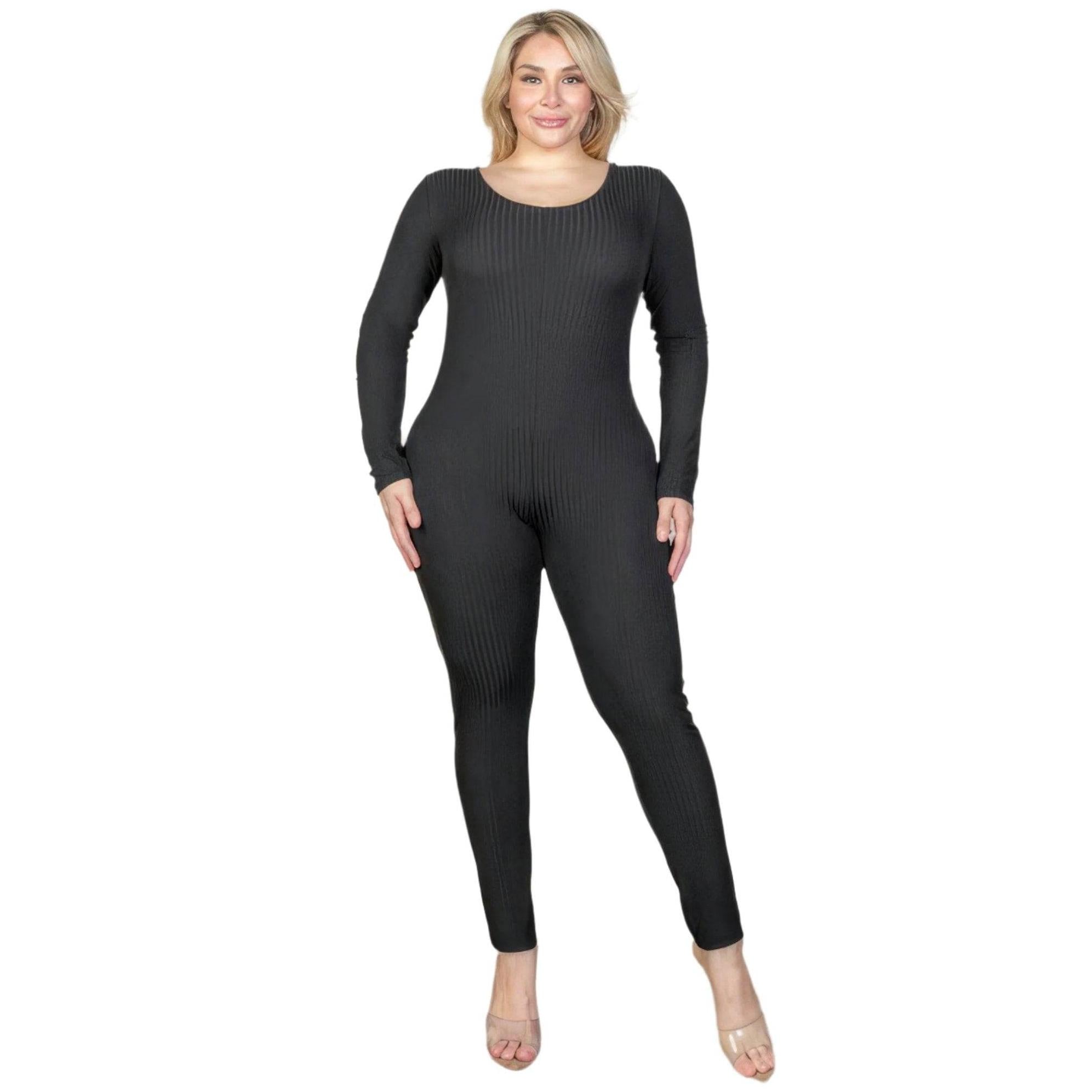 Plus Size Ribbed Scoop Neck Long Sleeve Jumpsuit - VacationGrabs