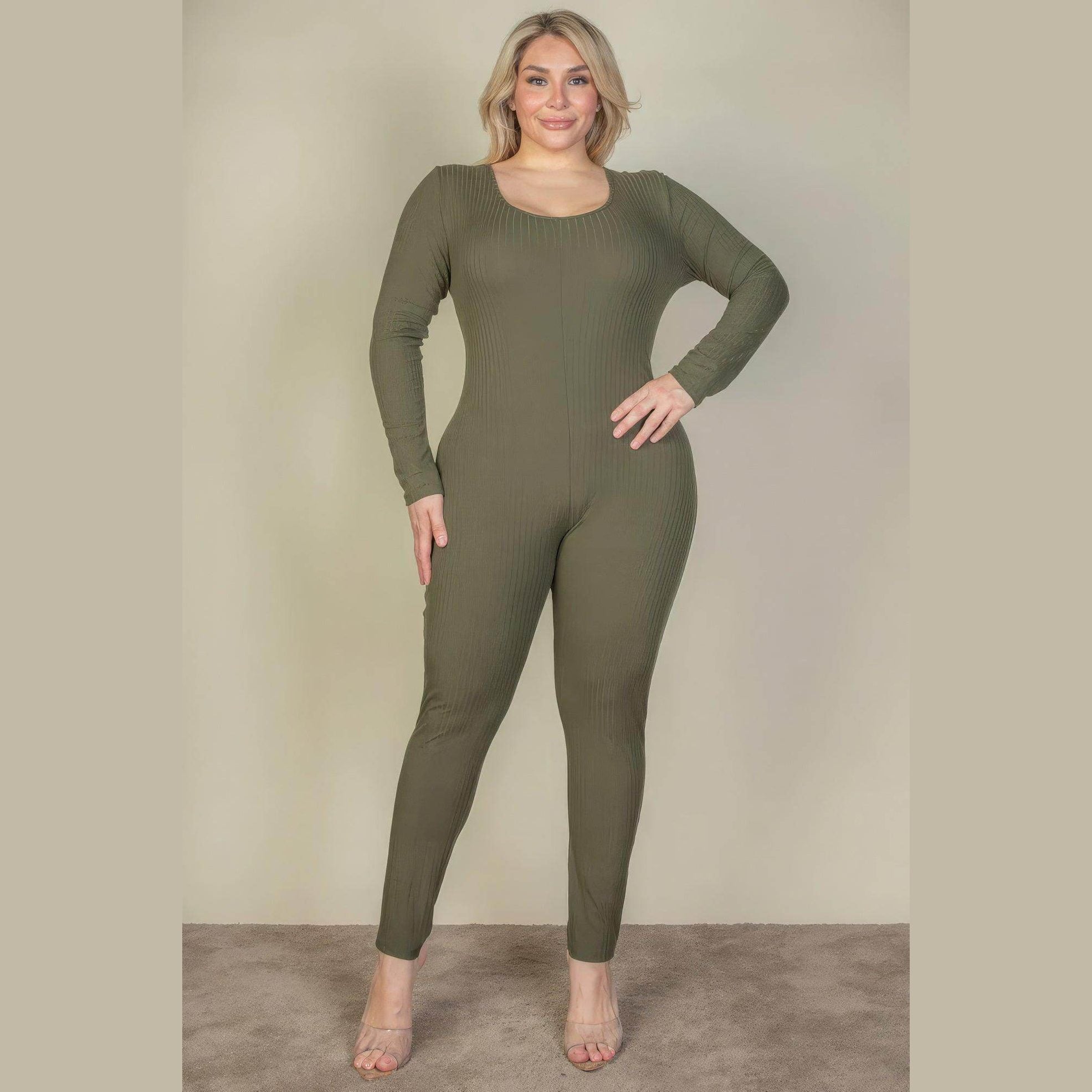 Plus Size Ribbed Scoop Neck Long Sleeve Jumpsuit - VacationGrabs