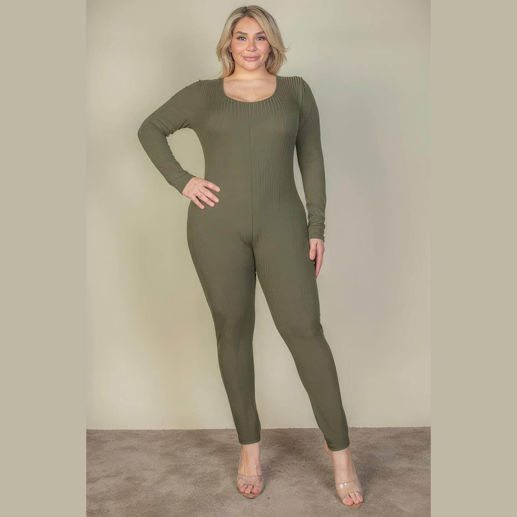 Plus Size Ribbed Scoop Neck Long Sleeve Jumpsuit - VacationGrabs