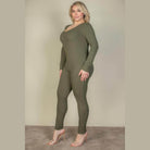 Plus Size Ribbed Scoop Neck Long Sleeve Jumpsuit - VacationGrabs