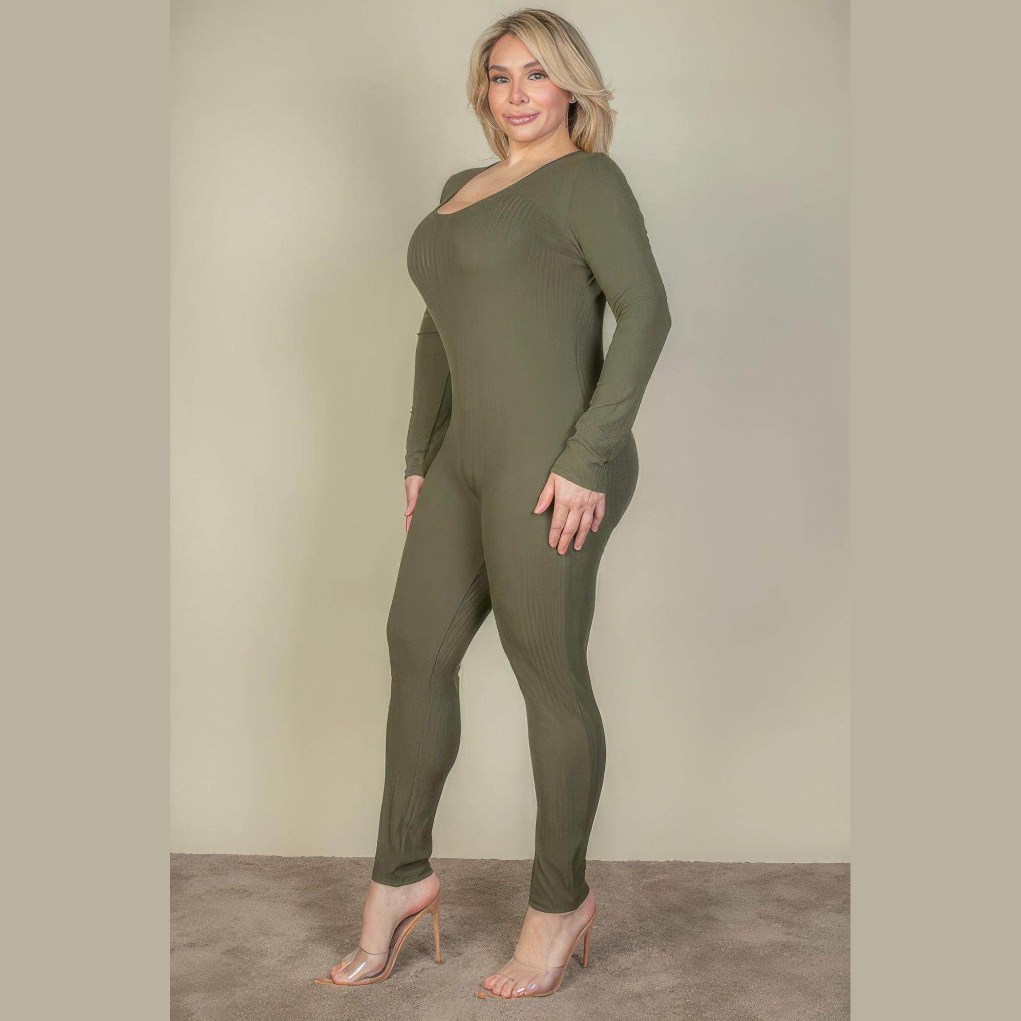Plus Size Ribbed Scoop Neck Long Sleeve Jumpsuit - VacationGrabs