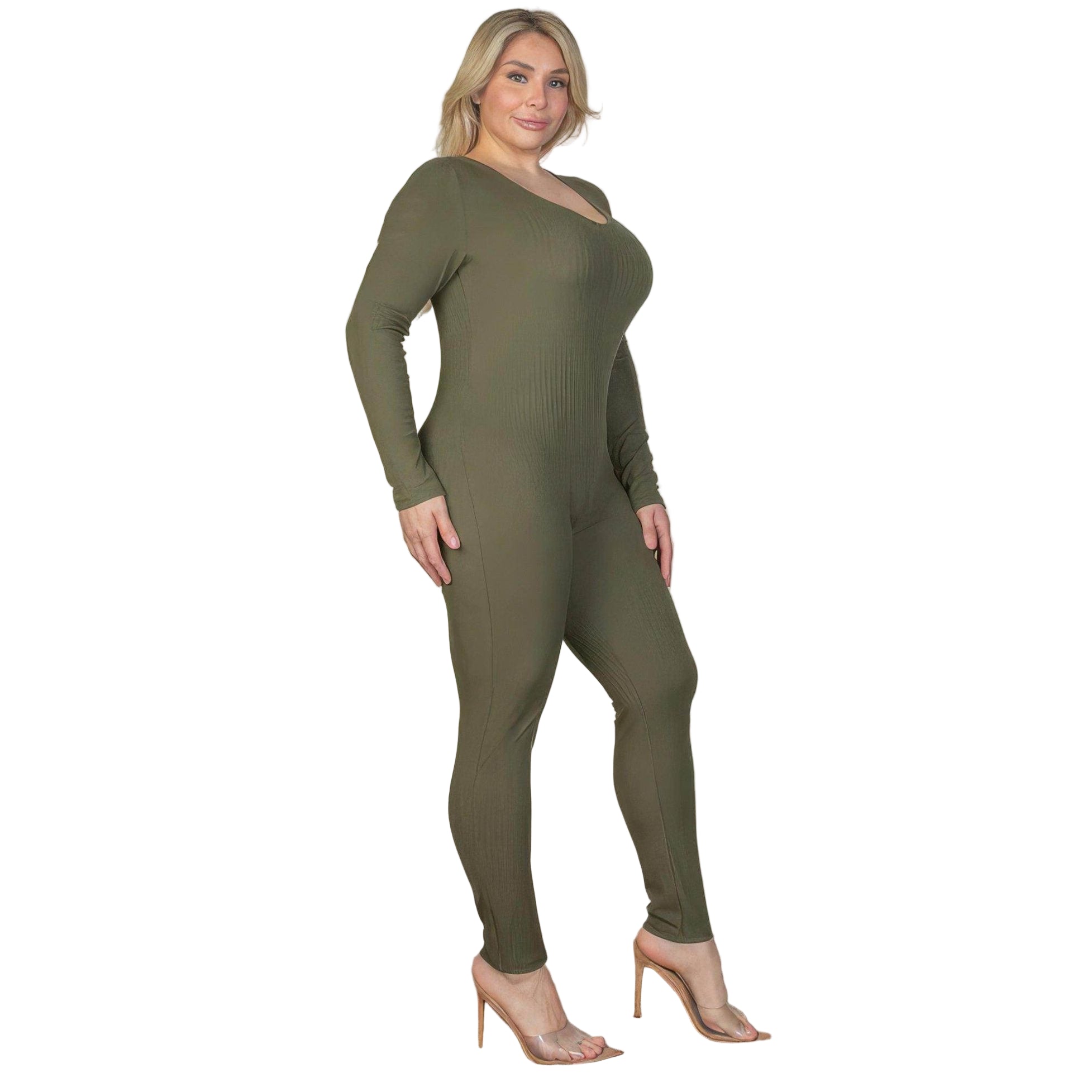 Plus Size Ribbed Scoop Neck Long Sleeve Jumpsuit - VacationGrabs