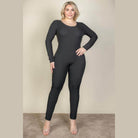 Plus Size Ribbed Scoop Neck Long Sleeve Jumpsuit - VacationGrabs
