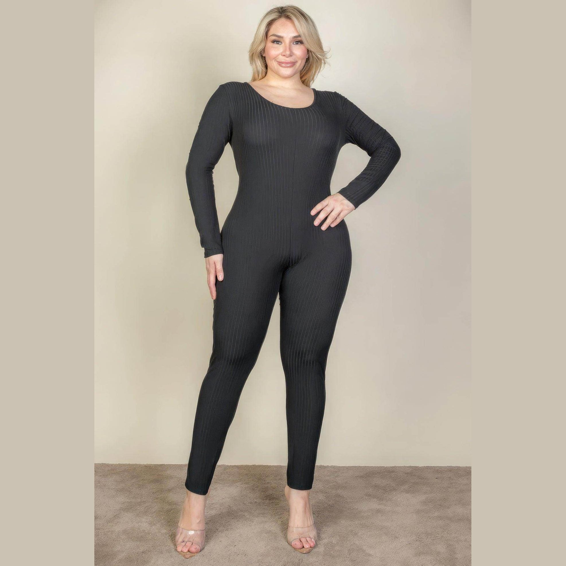 Plus Size Ribbed Scoop Neck Long Sleeve Jumpsuit - VacationGrabs