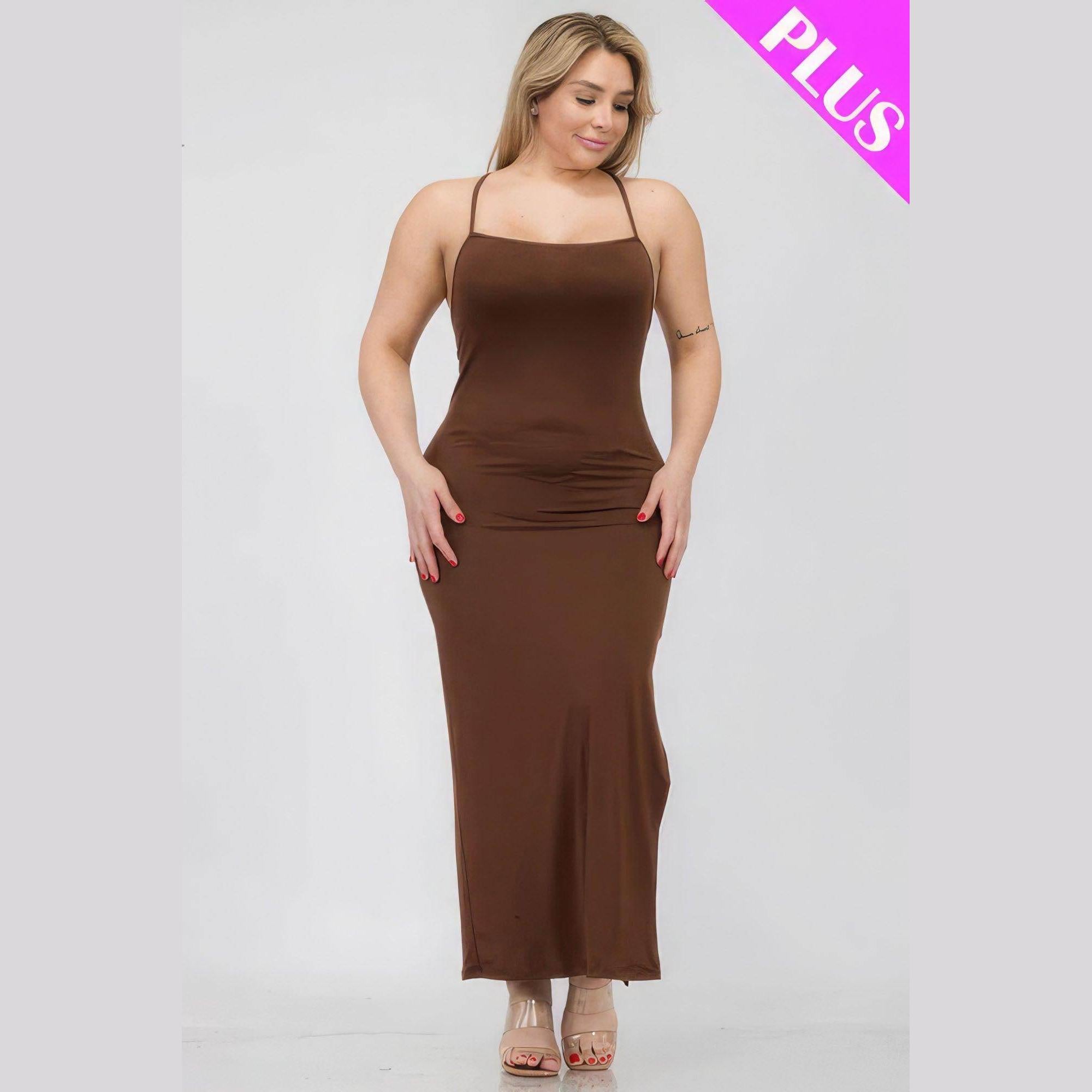 Plus Size Crisscross Back Split Thigh Maxi Dress - VacationGrabs