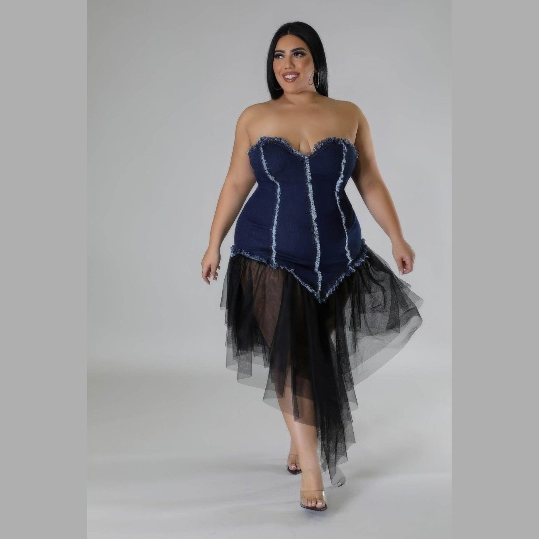 Plus Non-stretch Jean Corset Dress Tulle Hem - VacationGrabs