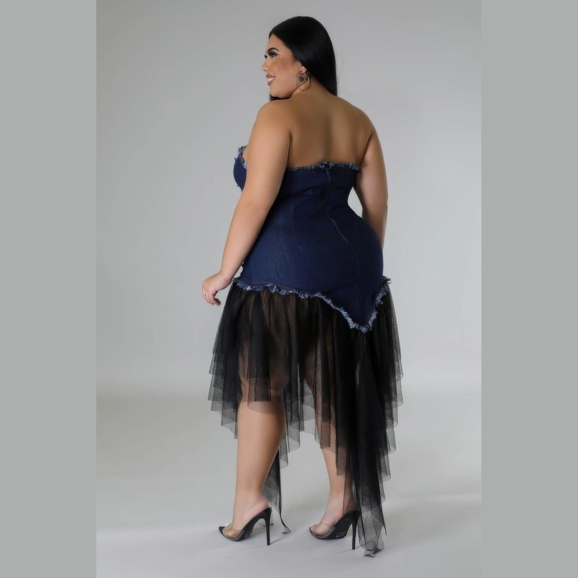 Plus Non-stretch Jean Corset Dress Tulle Hem - VacationGrabs