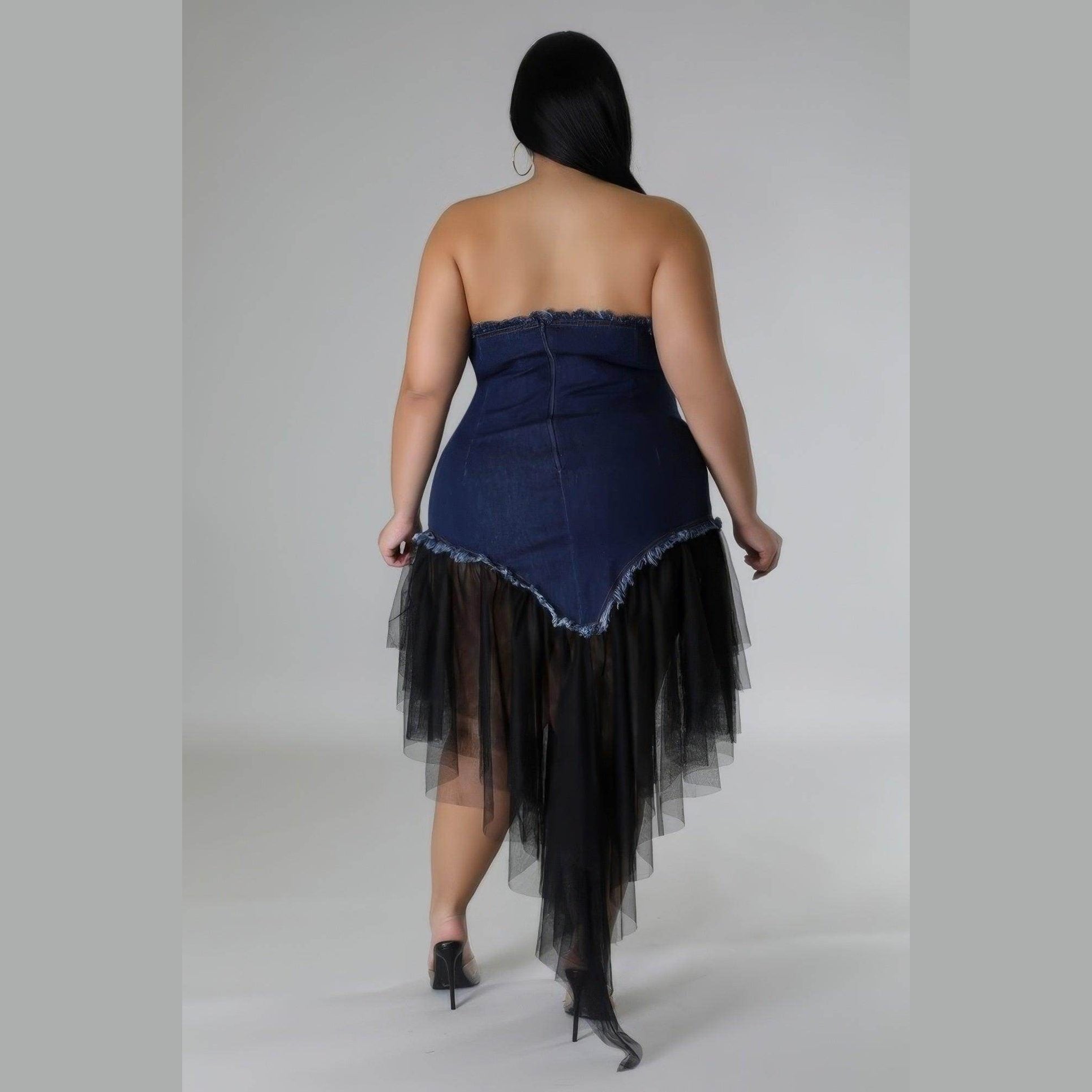 Plus Non-stretch Jean Corset Dress Tulle Hem - VacationGrabs