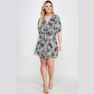Plus Black Botanical Print Front Tie Dress - VacationGrabs