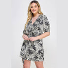 Plus Black Botanical Print Front Tie Dress - VacationGrabs