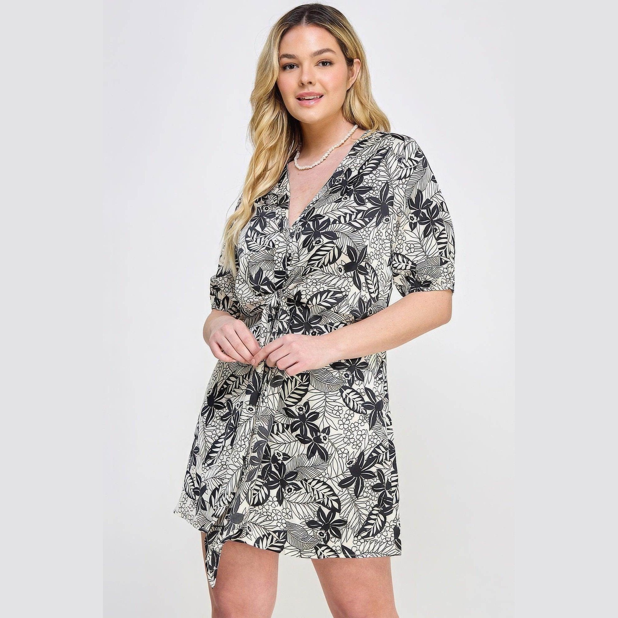 Plus Black Botanical Print Front Tie Dress - VacationGrabs