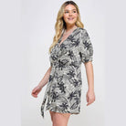 Plus Black Botanical Print Front Tie Dress - VacationGrabs