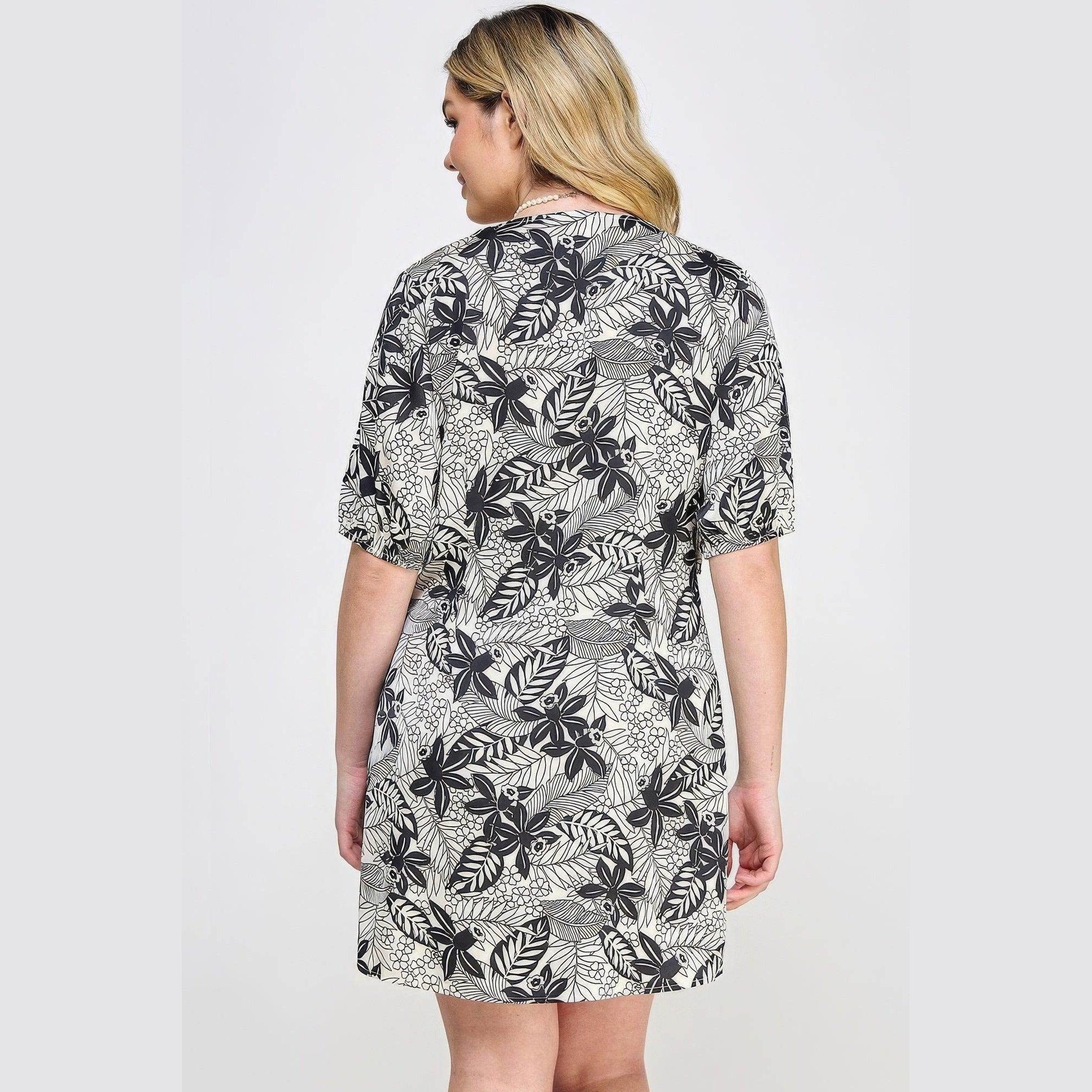 Plus Black Botanical Print Front Tie Dress - VacationGrabs