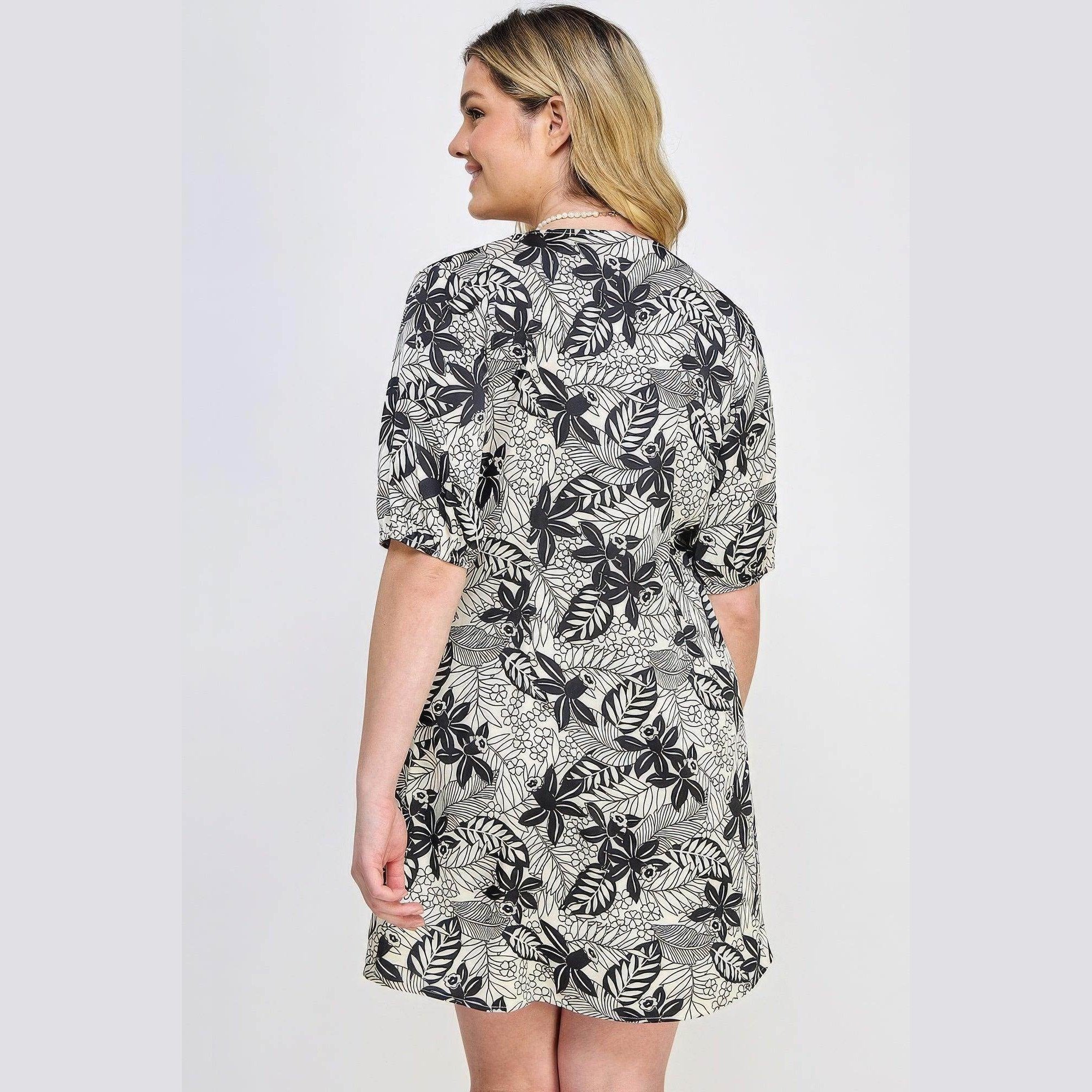 Plus Black Botanical Print Front Tie Dress - VacationGrabs