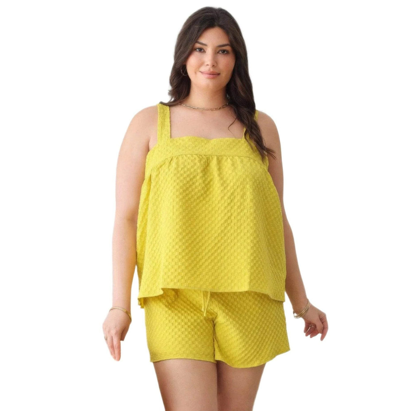 Plus Size Textured Top Elastic Waist Short Sets - Yellow - VacationGrabs
