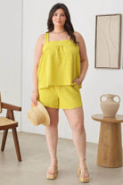 Women's Shorts Plus Size Textured Top Elastic Waist Short Sets - Yellow