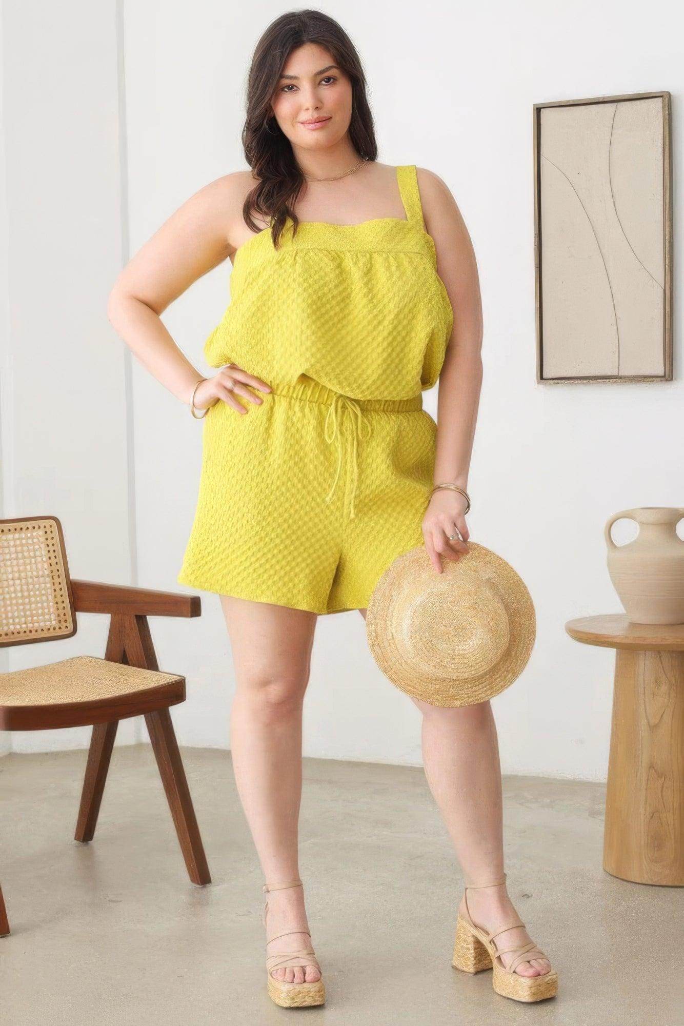 Women's Shorts Plus Size Textured Top Elastic Waist Short Sets - Yellow