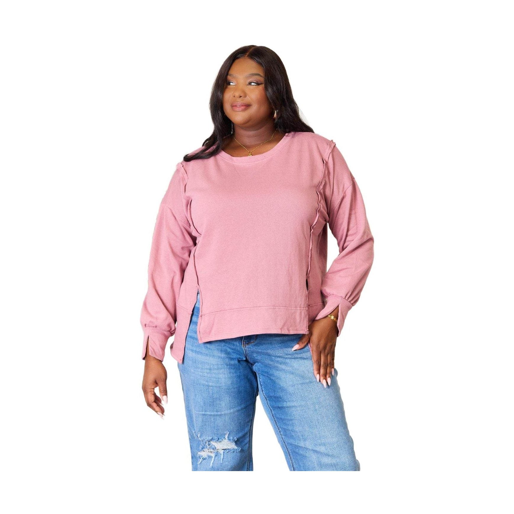 Culture Code Full Size Round Neck Exposed Seam Slit Top - VacationGrabs