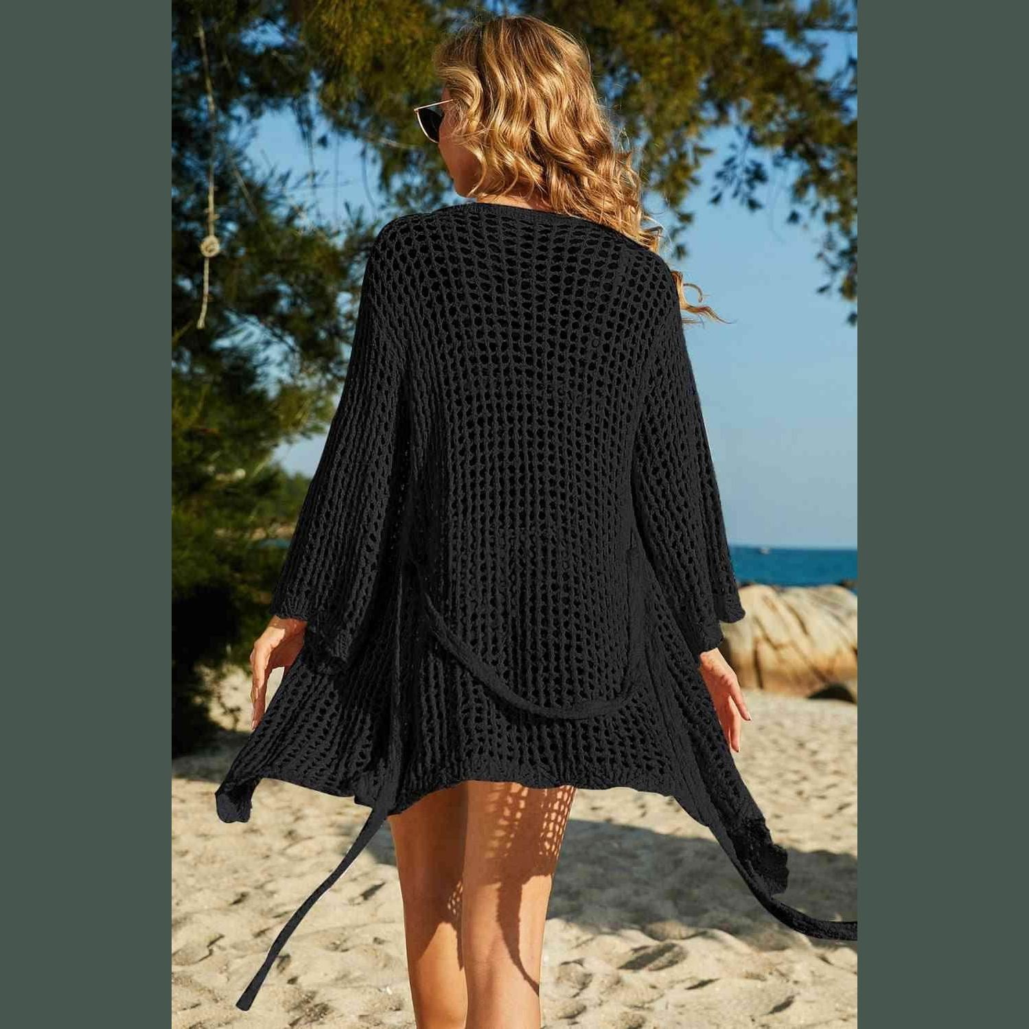 Tie-Waist Openwork Crochet Cover Up - VacationGrabs