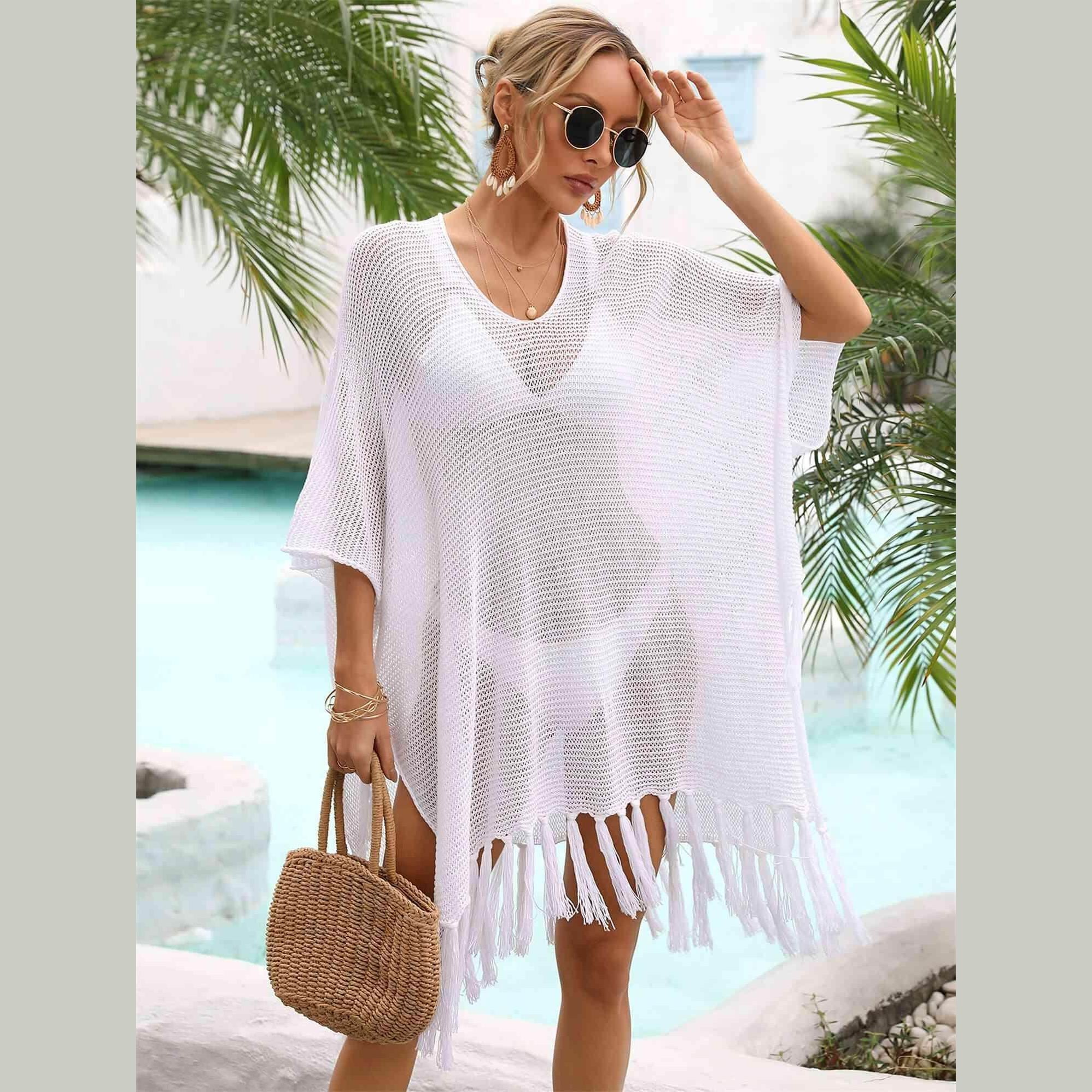 Fringe Trim Dolman Sleeve Openwork Cover-Up - VacationGrabs
