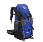 VacationGrabs 50 liter hiking backpack in blue with adjustable straps and multiple compartments