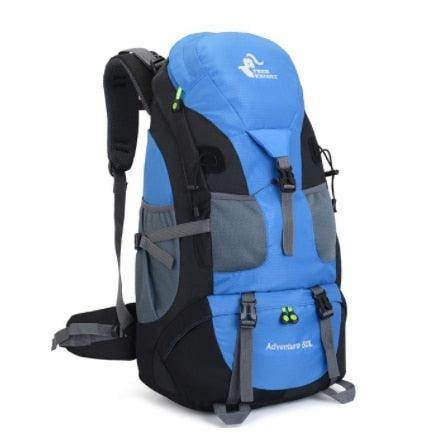 VacationGrabs 50 liter hiking backpack in blue with adjustable straps and multiple compartments for outdoor adventures