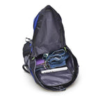 Open 50 liter hiking backpack from VacationGrabs showing storage space with clothes and a laptop