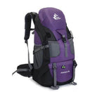 Purple 50 liter hiking backpack with adjustable straps and padded back for outdoor adventures