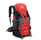 VacationGrabs 50 liter hiking backpack in red and black with multiple compartments and adjustable straps