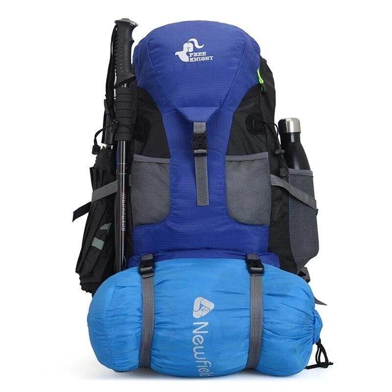 50 liter hiking backpack in blue and black with hydration compartment and trekking pole attachment