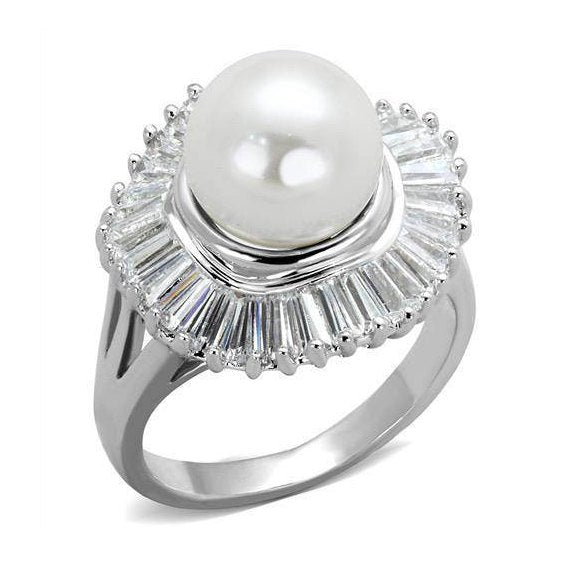 Stunning affordable pearl rings for women with a central pearl and sparkling baguette accents