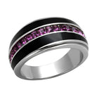 Stylish amethyst crystal rings for women featuring black enamel and silver accents