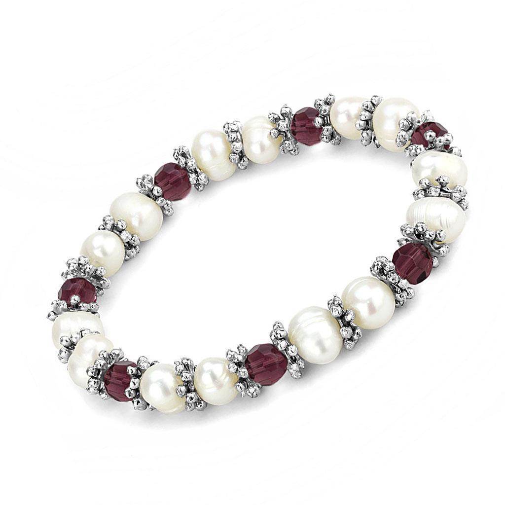 Elegant antique silver women's bracelet with pearls and red gemstones for a stylish accessory