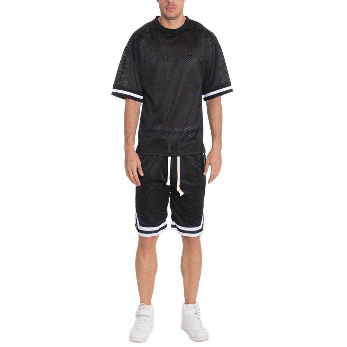 Mens VacationGrabs Basketball T-Shirt and Shorts Set in Black with Mesh Fabric for Comfort