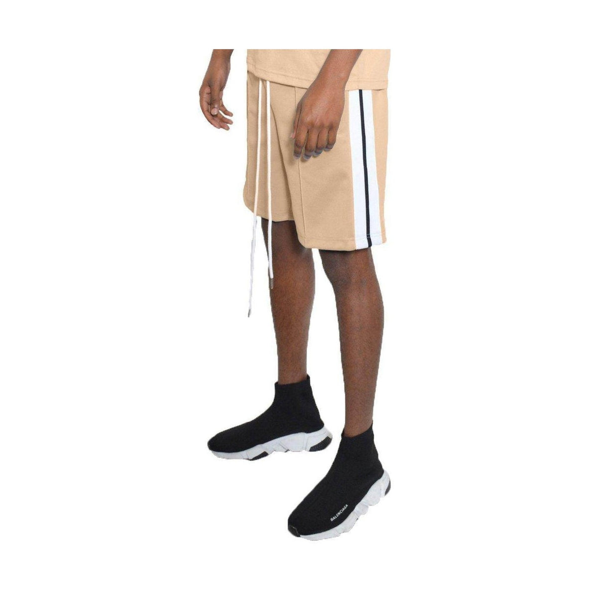 Men's beige tan summer shorts with side stripes and adjustable waistband for a stylish look