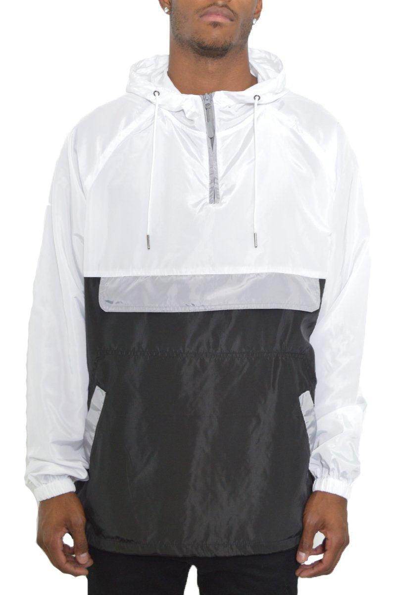 Stylish black and white anorak for men with adjustable hood and pockets