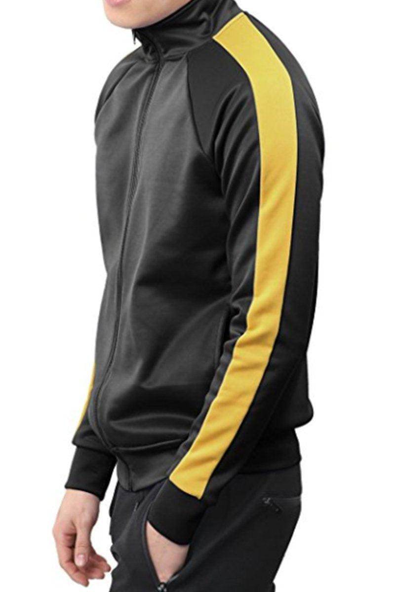 Stylish black and yellow mens track jacket with zip-up front and sporty design