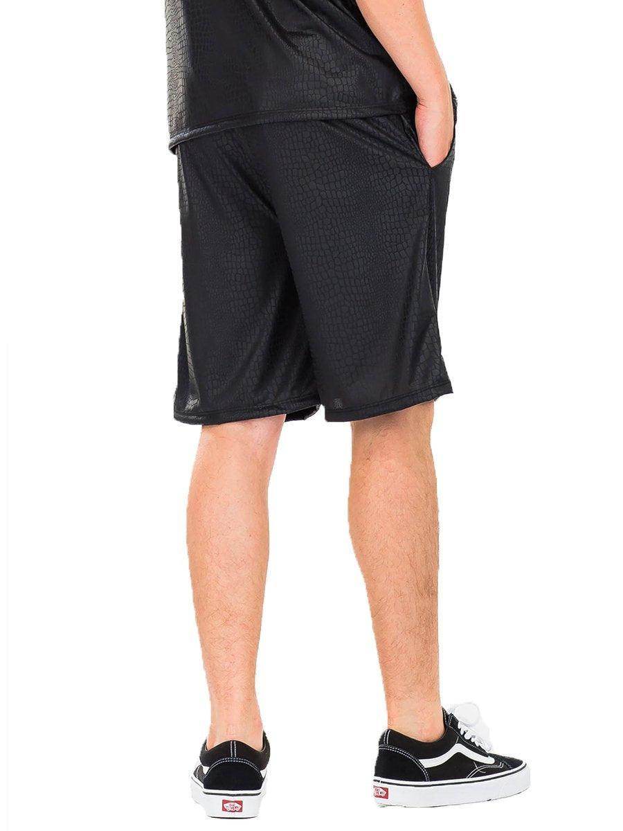 Men's black embossed shorts by VacationGrabs with side pockets for a stylish casual look